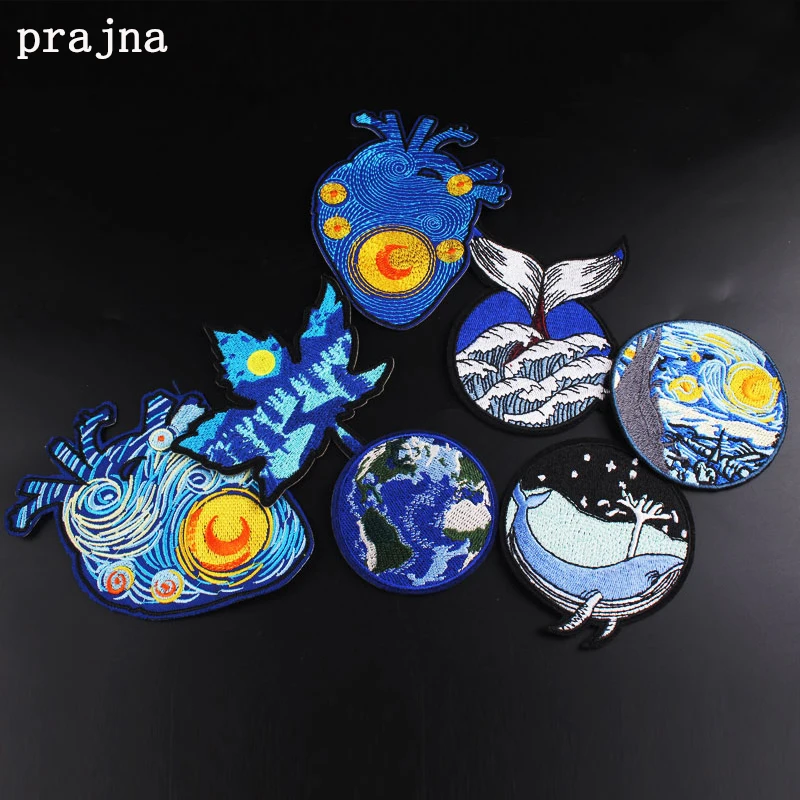 

Prajna Van Gogh Patch Iron On Patches Cartoon Wave Embroidered Patches For Clothing Apparel Stripes Applique Badges Decor DIY
