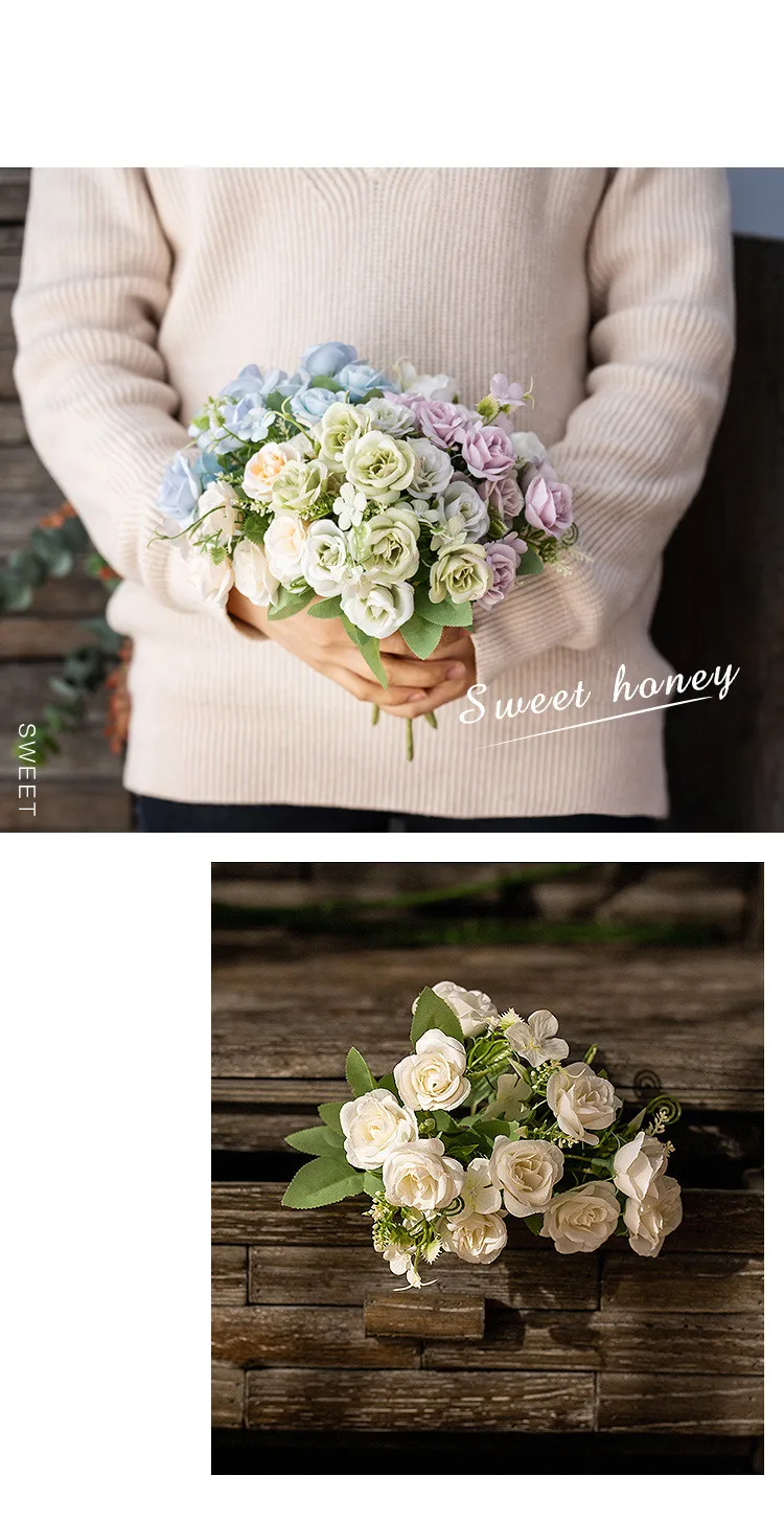 Nordic 10 Simulation Small Roses Artificial Bouquet Indoor Hotel Decoration Placed High Quality Plastic Silk Flower QW42 (7)