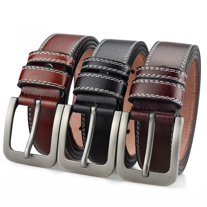 

Faux Leather For Men's High Quality Buckle Jeans Cowskin Surface Belts Business Cowboy Waistband Male Fashion Designer 2021New