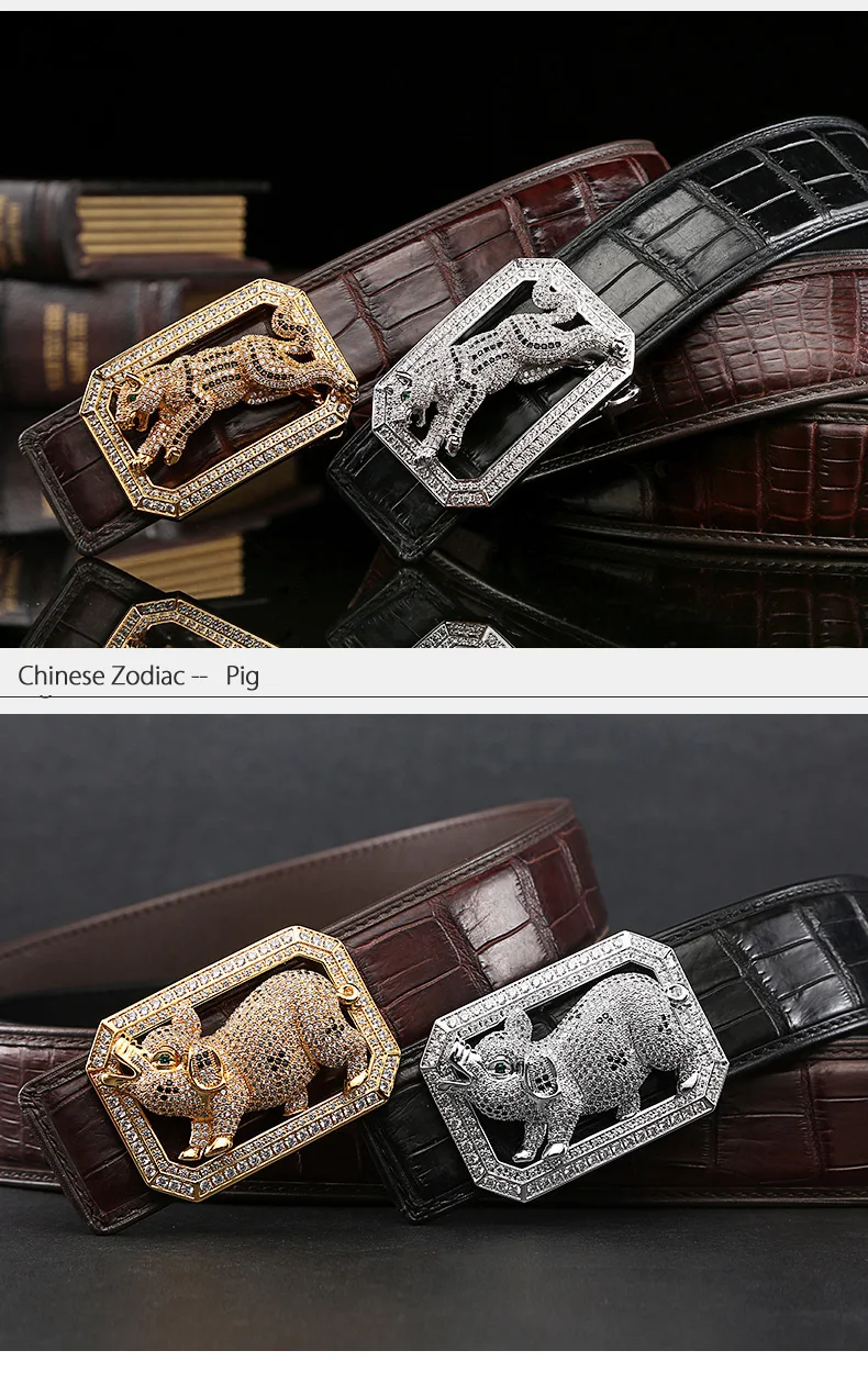 McParko Crocodile Belt Mens Leather Belts With Buckle Luxury Animal Design Genuine Leather Waist Belt with rhinestones Buckle