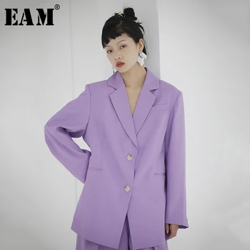 

[EAM] Women Purple Brief Temperament Big Size Blazer New Lapel Long Sleeve Loose Fit Jacket Fashion Spring Autumn 2020 1S713