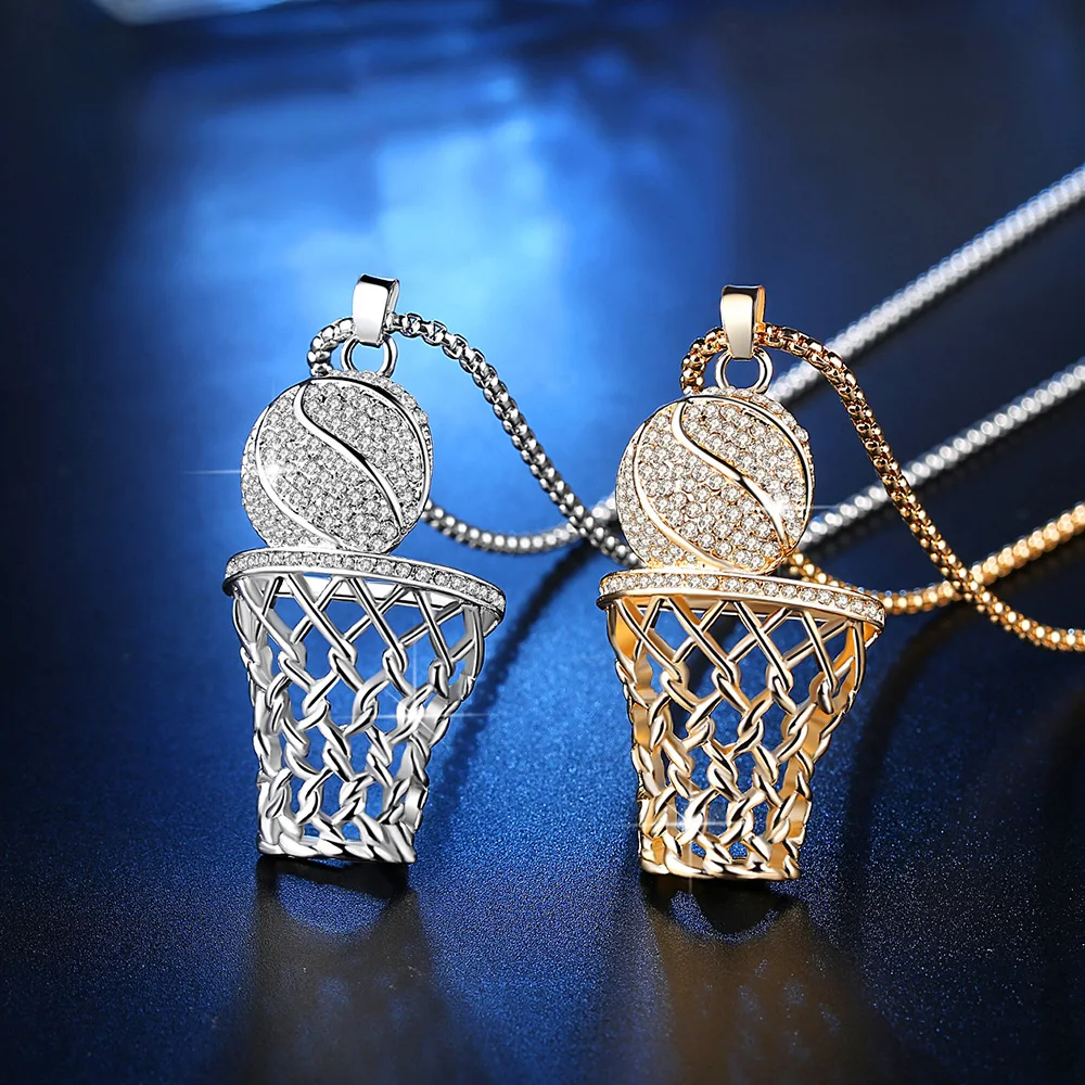 Fashion Hip-Hop Basketball Frame Men necklace Zircon Silver Colour Pendant Titanium Steel Necklace Sports Jewelry | Украшения и