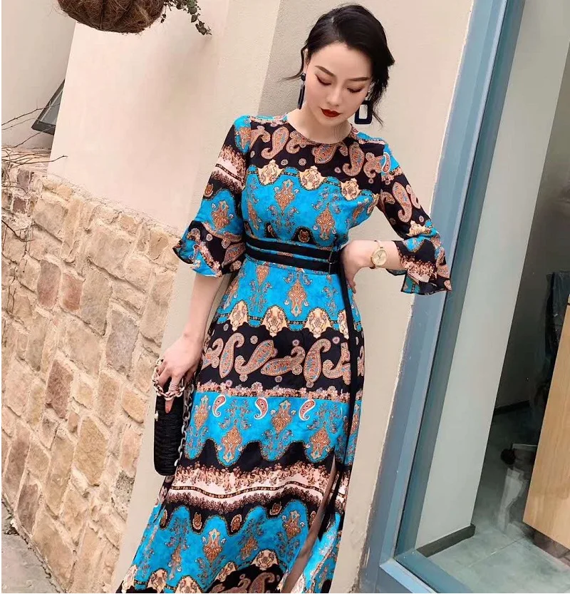 

100%Silk Dress 2020 Spring Summer Vestidos Women O-Neck Vintage Print Split Sexy Mid-Calf Length Blue Red Lux Dress Clothing