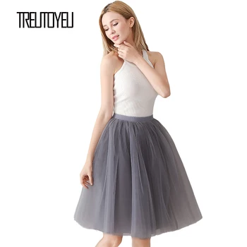 

Treutoyeu Design Ladies Skirts Womens Korean Style 6 Layers 65cm Smoke Grey Midi Pleated Tutu Tulle Skirt Faldas Mujer Moda 2020
