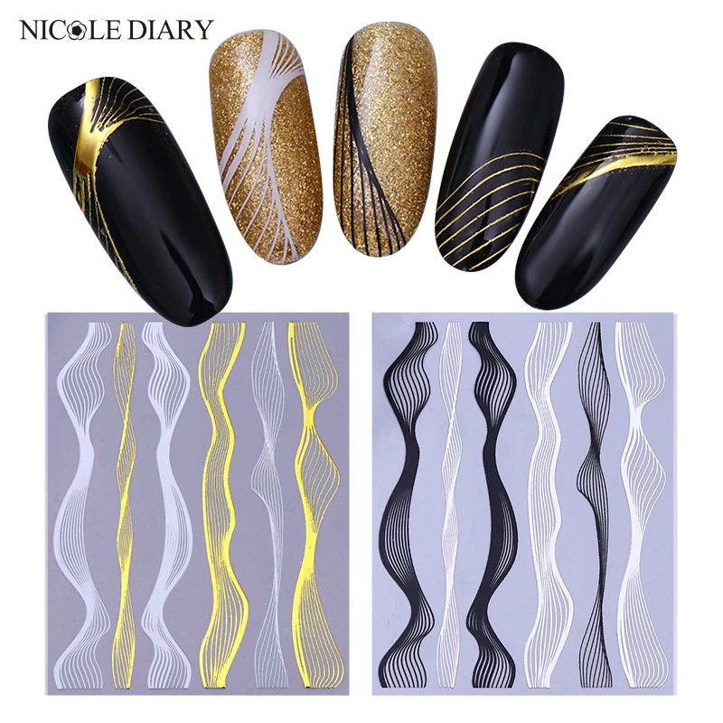 

NICOLE DIARY Nail Art Self-adhesive Sticker Metal Straight Stripe Wave Line Tape Transfer Nail Foils 3D DIY Decal Decorations