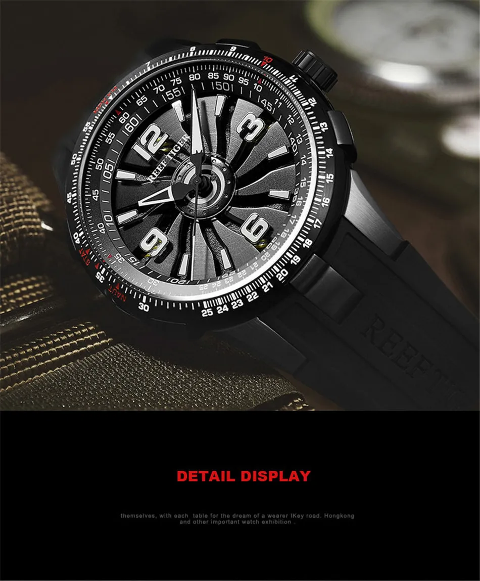 Reef tiger брендовые Роскошные Механические Мужские часы с резиновым ремешком спортивные водонепроницаемые автоматические часы светящийся циферблат zegarek meski