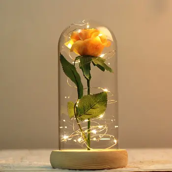 

Rose Flower And LED Light String In Glass Dome On Wooden Base The Best Gift For Women(Battery Not Included) Artificial Decor
