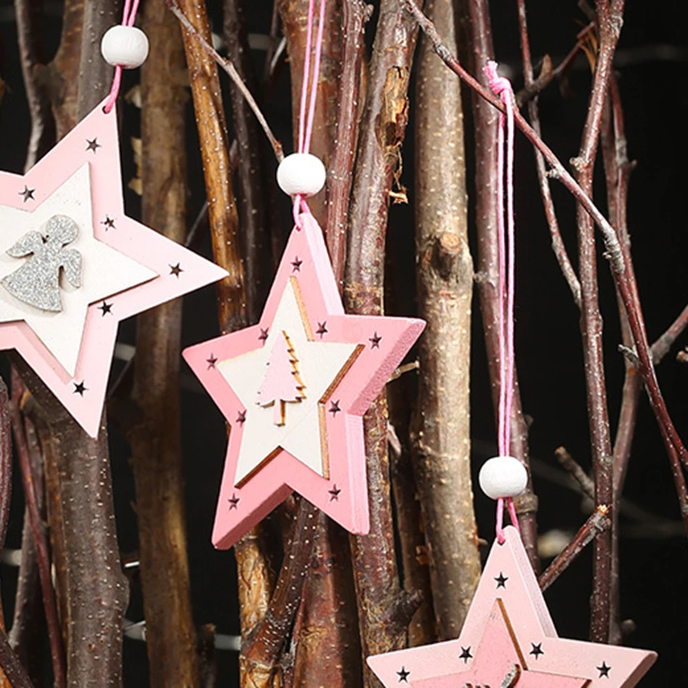 Hot 6Pcs Christmas Durable Star Elk Tree Angle Wood Carving Hanging Pendant Xmas Party Christmas trees kindergarten storesDecora