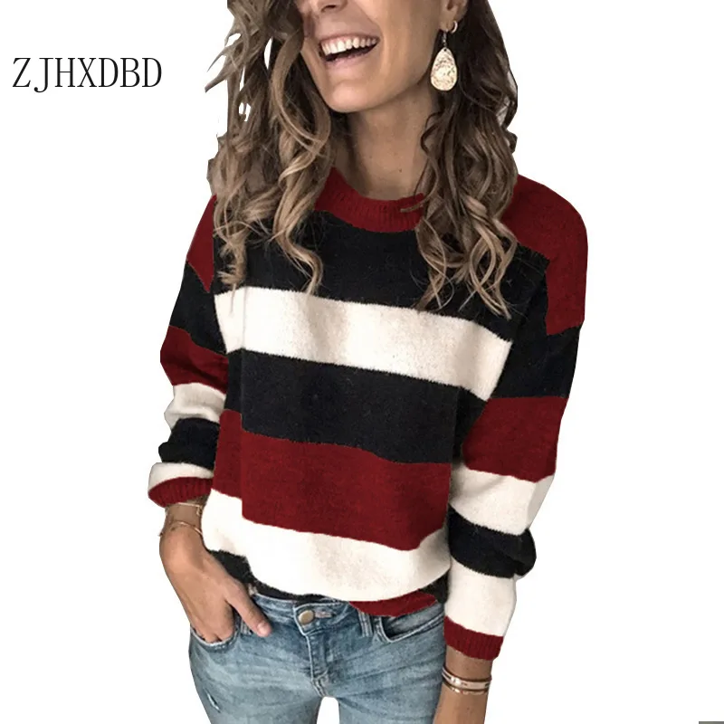 

Contrast Color Fall Long Sleeve Women Sweater Knitted O-Neck High Elastic 2020 Winter Fashion Sweater Women Pullovers Clothing