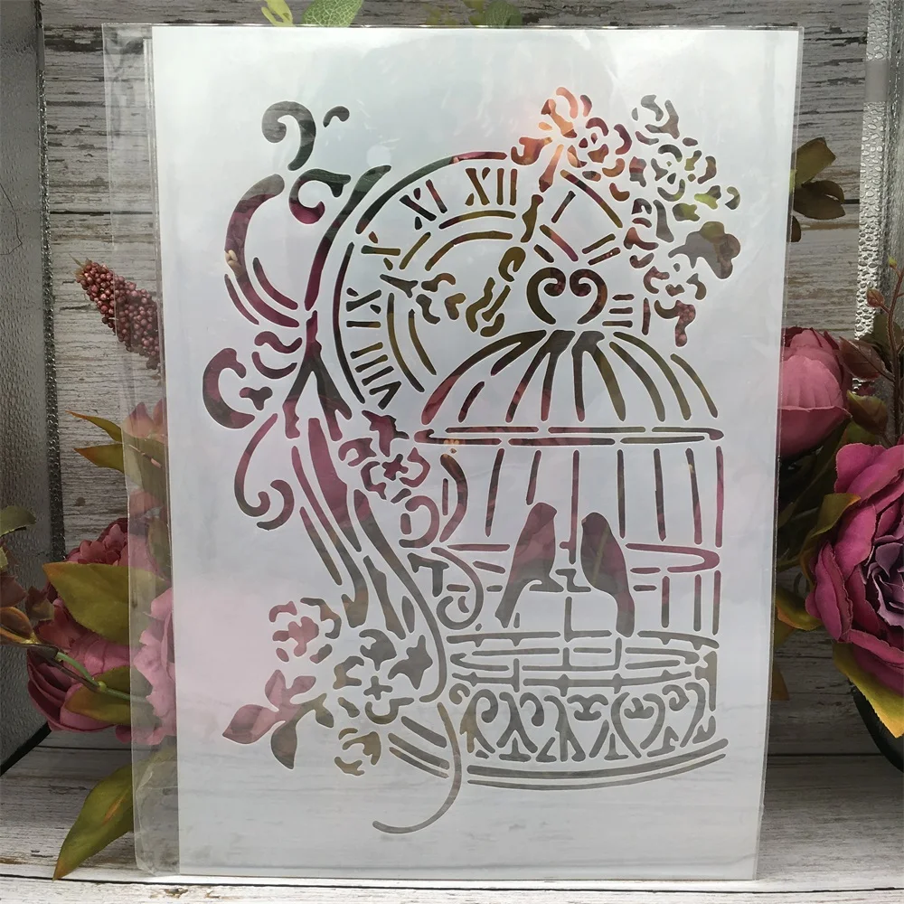 

A4 29cm Vintage Clock Birdcage DIY Layering Stencils Painting Scrapbook Coloring Embossing Album Decorative Template