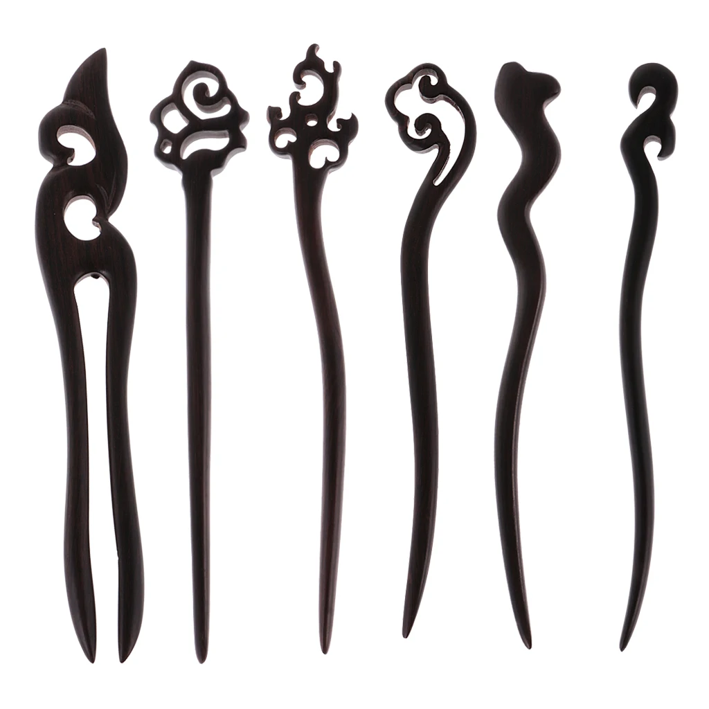 6 Pieces Chinese Classical Women Hair Clip Handmade Black Sandalwood Hair Stick