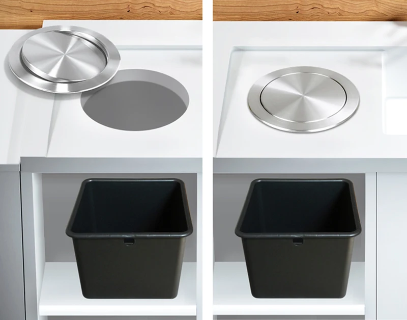 Stainless Steel Flush Recessed Built-in Balance Swing Flap Lid Cover Trash Bin Garbage Can Kitchen Counter Top