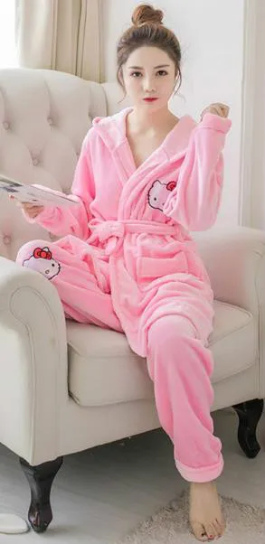 Set A Женская фланелевая ночная рубашка hello kitty с длинным рукавом, банный халат, штаны, зимняя Милая Пижама с рисунком, Женская домашняя одежда, комплект одежды для сна - Цвет: Set A