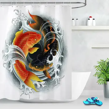 

Asian Koi Carps Black and Red Shower Curtain Set Bathroom Fabric w/ Free Hooks