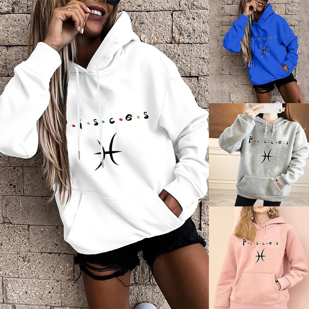 Women's Fashion Hoodie Pullover Pisces Print Girls Casual Harajuku Streetwear Ladies Loose Big Pocket Sports Pullover Hoodies