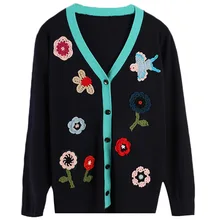 Shuchan Autumn Winter 2019 New Items Fashionable Cardigans Embroidery Floral Women Sweater with A Pattern Knitted Sweater 11074 dark grey embroidery pattern lantern sleeves knitted cardigans
