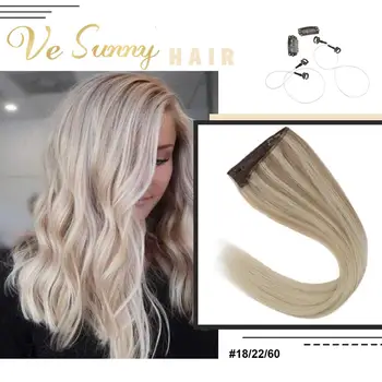 

VeSunny One Piece Invisible Halo Hair Extensions 100% Human Hair Flip in Wire with Clips Easy Weft Balayage Blonde #18/22/60