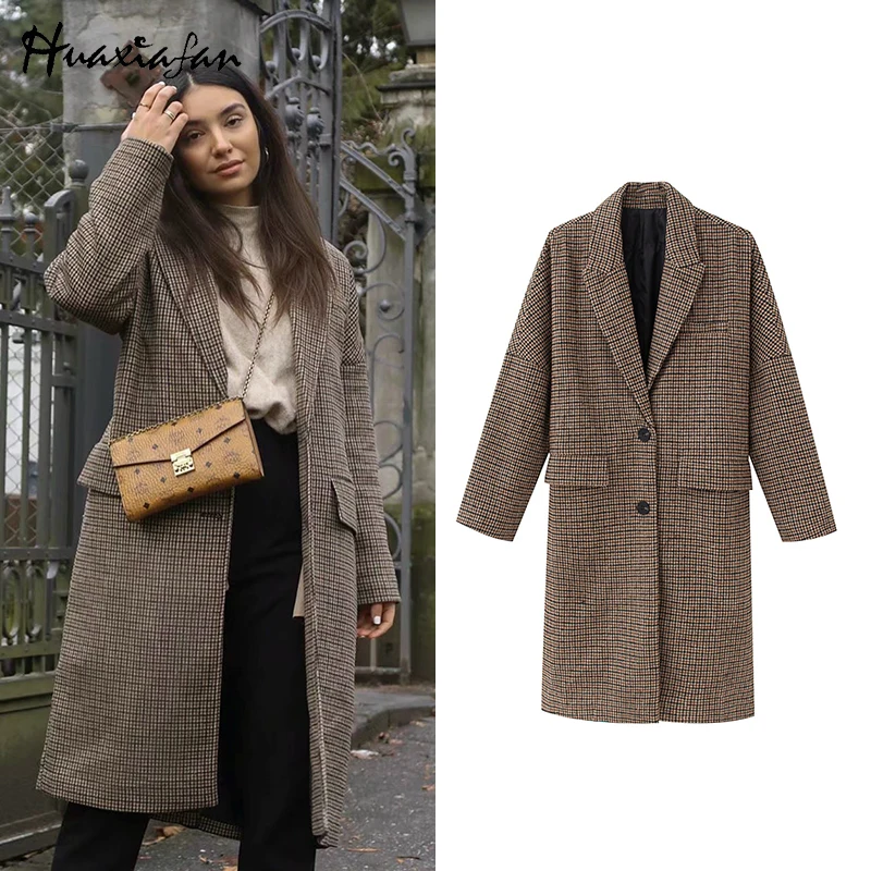 

Huaxiafan Elegant Houndstooth Winter Autumn Coat Women Wool Coat Women Plaid Overcoat Female Vintage Warm Thick Abrigo Mujer