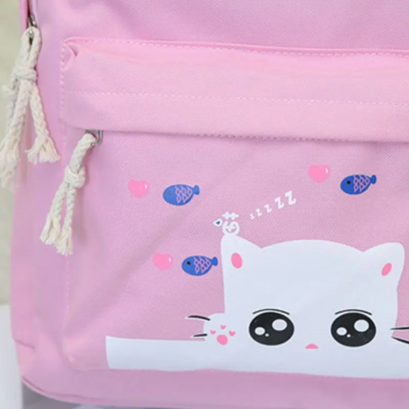 5pcs Adorable Cute Cat Print Canvas Women Girl Backpack Laptop Daypack Student School Shoulder Bag Bookbag Pencil Case Purse Set