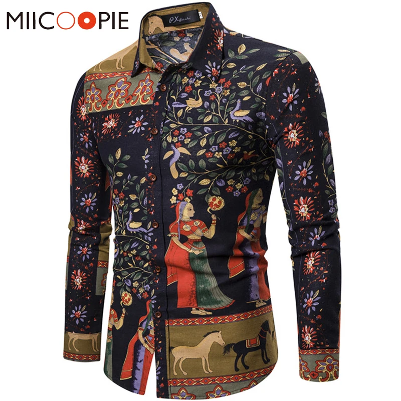 Linen Shirt Dress Chemise Long-Sleeves Floral Printed Vintage 5XL Slim-Fit National-Design