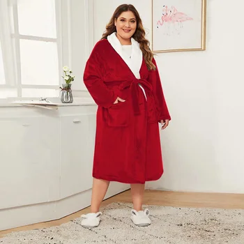

Women's Flannel Patchwork Color Contrast Thicker And Warmer Nightgown& Bathrobe Winter Pockets Drawstring Long Kimono Robe D30