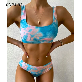 

GNIM High Waist Print Bikini Swimsuit Women 2020 Sexy Bandeau Swimwear Women Push Up Two Piece Summer Beachwear Swim Bather Suit
