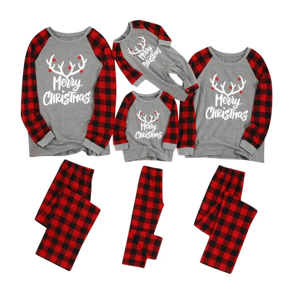 

Family Matching Clothes CHRISTMAS Printed Deer Letter Plaid Tops Blouse+Pants Family Clothes Sleepwear Set For New Year Partry