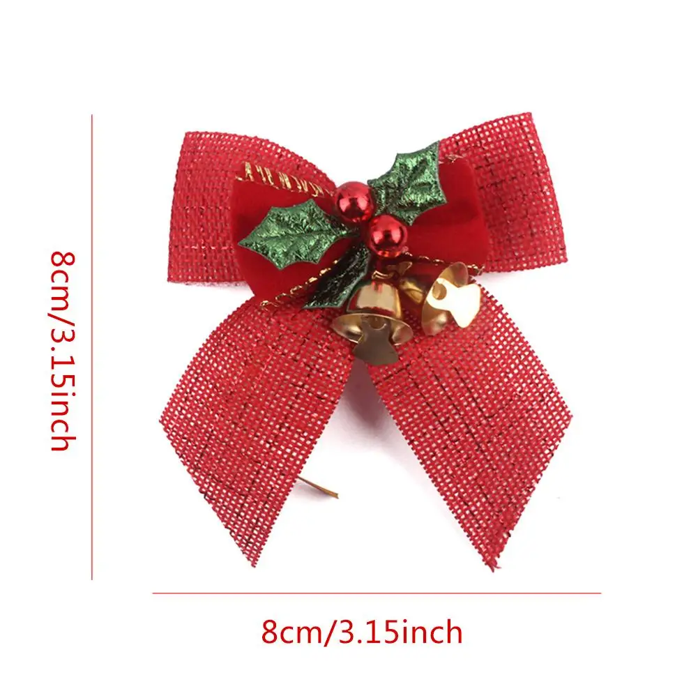 8PCS Christmas Tree Bowknot Ornament with Mini Jingle Bell hanging Drop Ornament Festive Holiday Hanging Grid Bow Linen Ornament