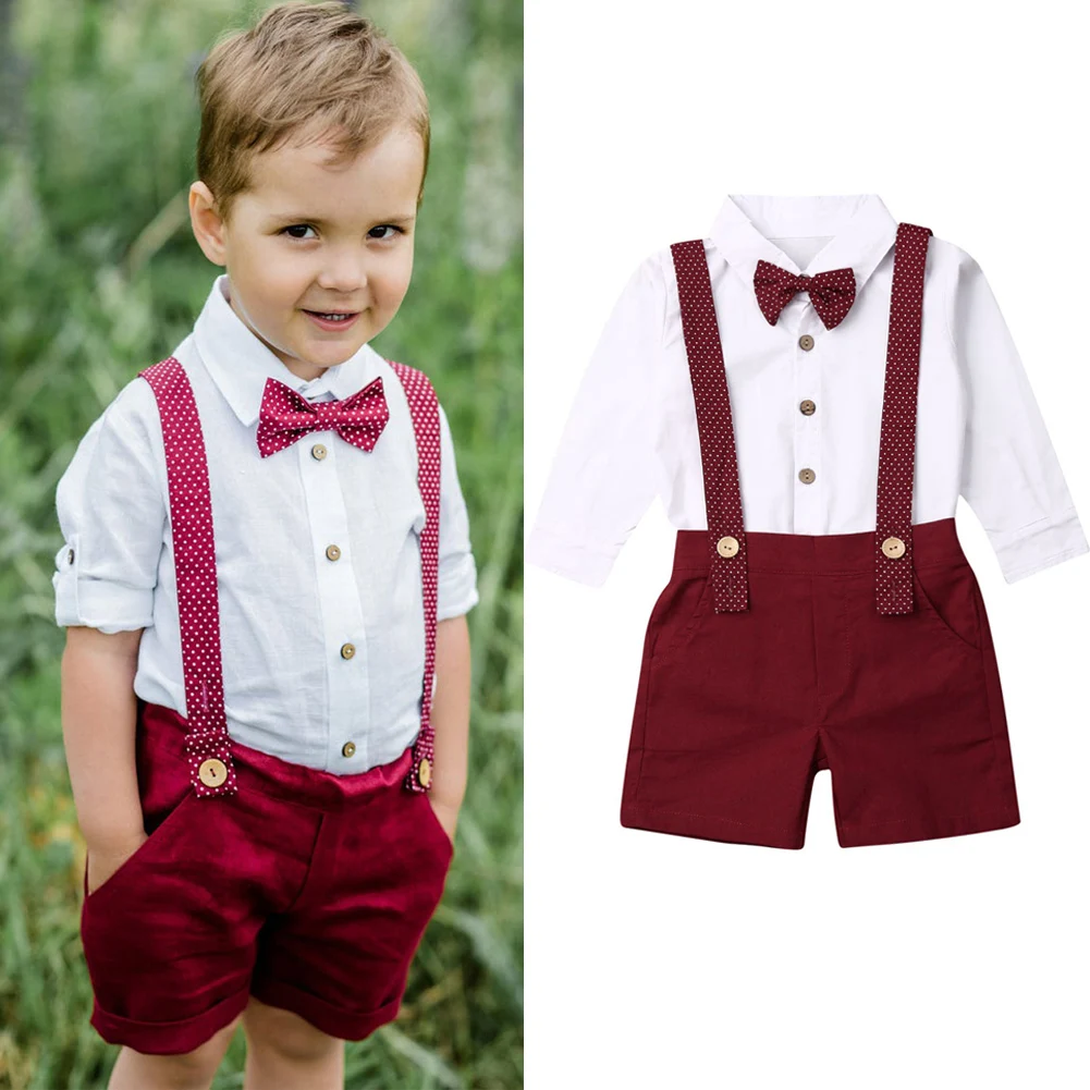 Комплект одежды для маленьких мальчиков, г. Осенняя футболка джентльмена с длинными рукавами Топы, красные штаны на подтяжках, комбинезоны, комплекты одежды из 2 предметов