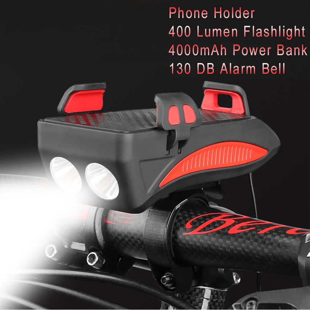 Clearance 4000mAh 4 In 1 Powerful Bicycle Headlight Waterproof Double Bicycle Lamp Alarm Bell Led Bicycle Light With Rechargeable Battery 0