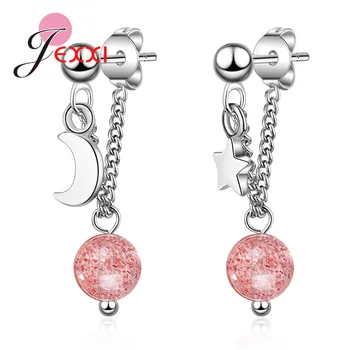 

New Statement Asymmetry Design 925 Sterling Silver Drop Earrings For Women Natural Pink Strawberry Star Moon Crystal Jewelry