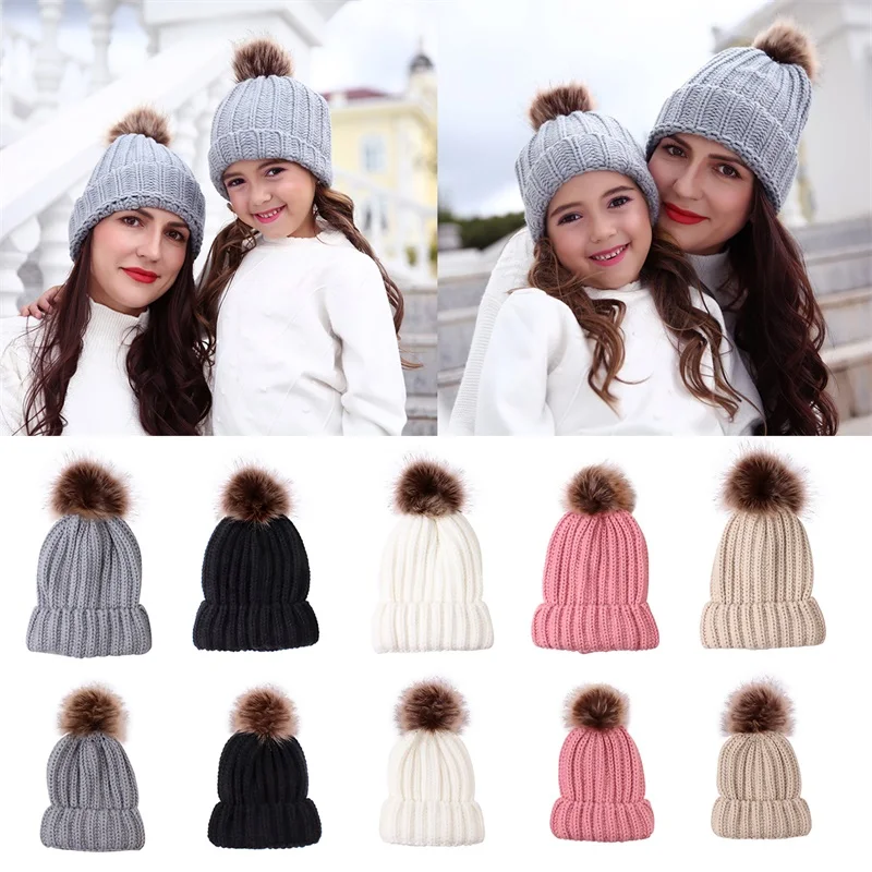 

2019 Fashion Women's Hat Children Warm Hat For Women Knit Pompom Kids Hat Parent-child Cap Winter Skullies Beanies Accessories