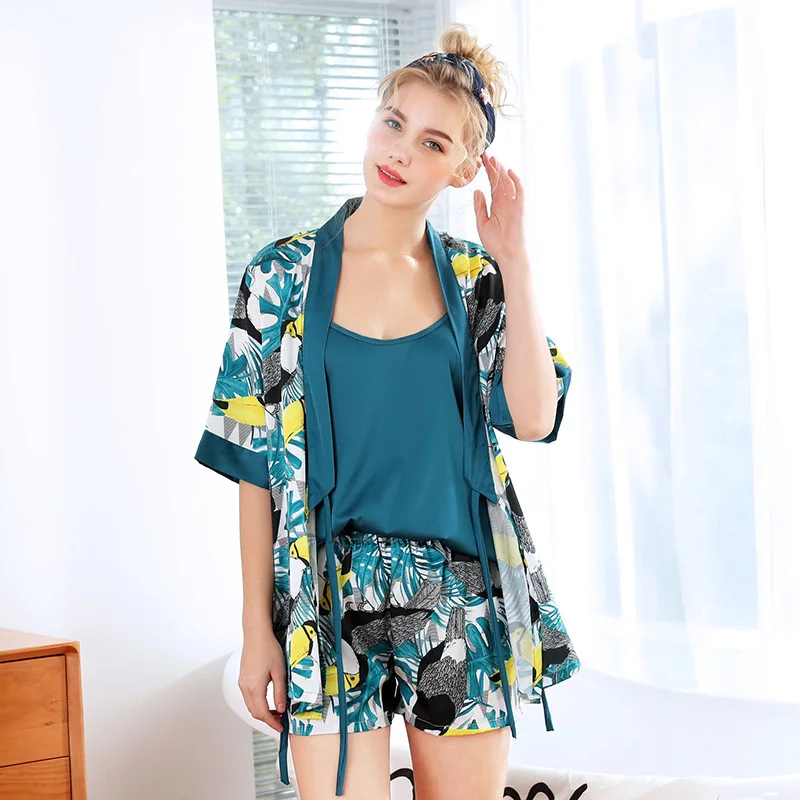 

Summer Women's Nightgown Suit Printing Cardigan Nightgown Sexy Solid Color Sling Elastic Shorts Sleep Home Service 3 Piece Set