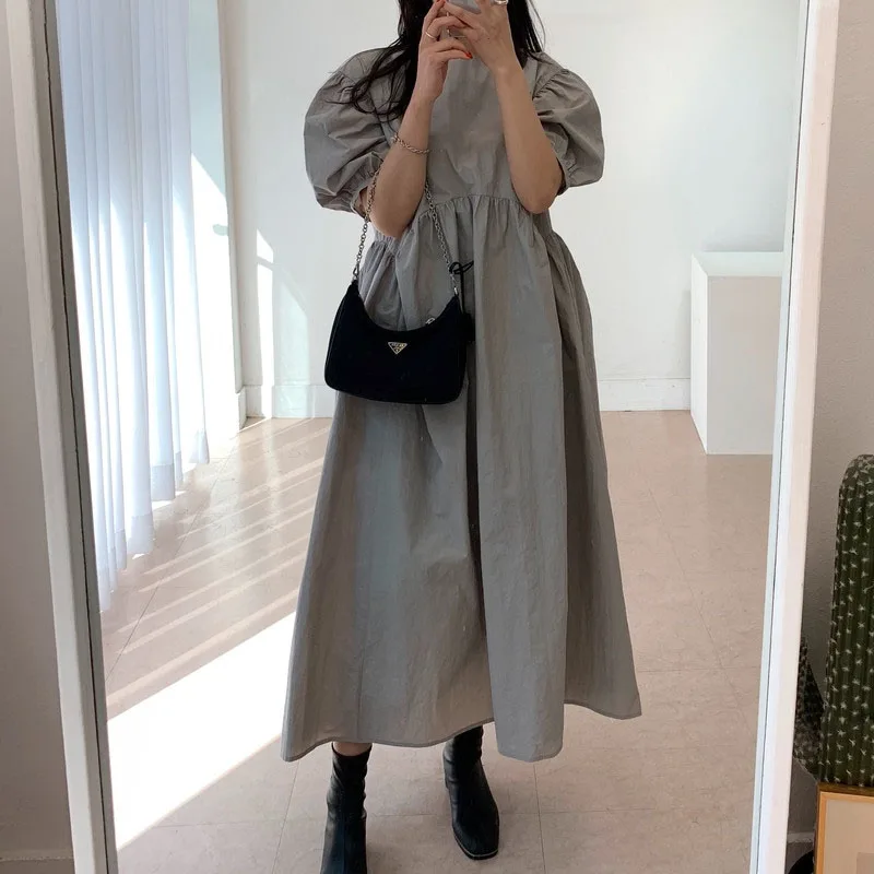 2020 Summer New Irregular Elegant White Gray Dress Fashion O-Neck Pleated Dresses Female Vintage Puff Sleeve Female Dress
