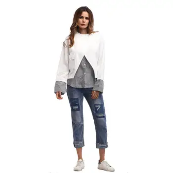 

Women s Striped Stitching Fake Two Pieces T-shirt Female Spring Summer Long Sleeve Round Neck Casual Fashion Loose Top