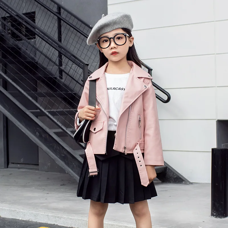 jin＆Co Autumn Winter Girl Boy Kids Leather Jacket Lapel Full Zip Motorcycle Coat Baby Girl Clothes PU Jacket Outerwear 