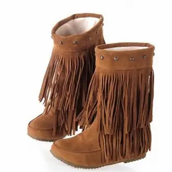 

ANMAIRON Women 3 Layer Fringe Tassels Flats Heel Boots Round Toe Mid-Calf Snow Boots Shoes Big Size34-43 Winter Boots For Women