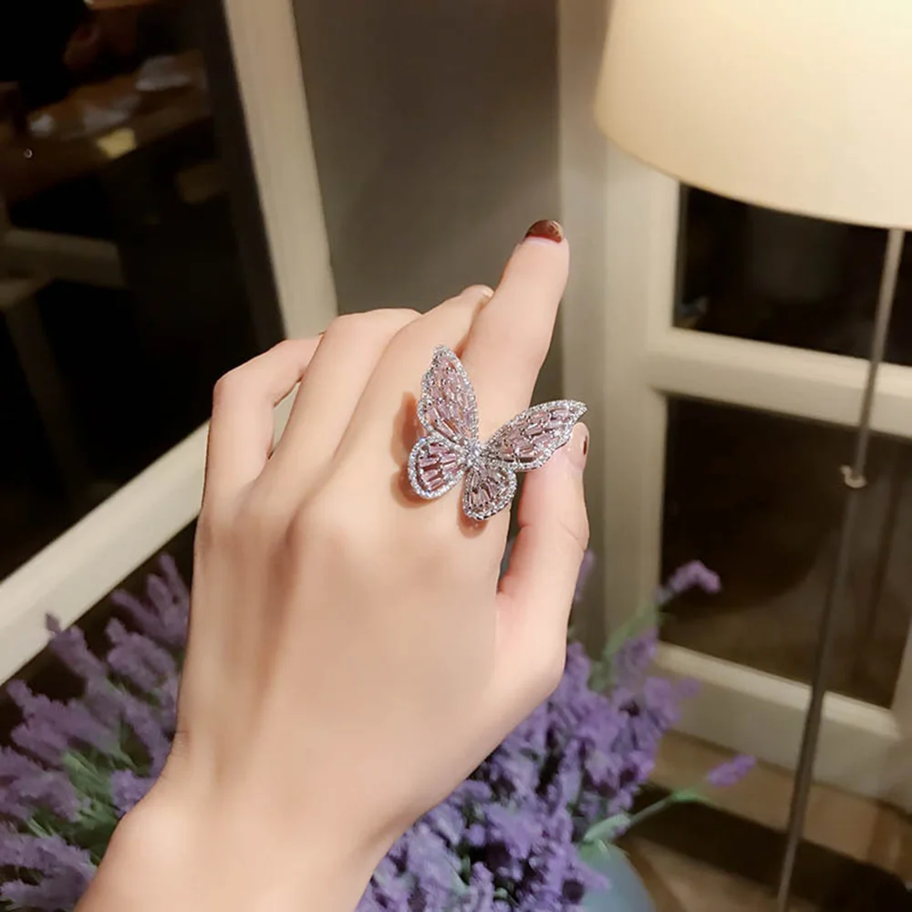 Роскошные открытые Регулируемые кольца с кристаллом и бабочкой большие