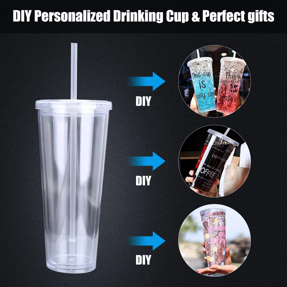 TCJJ Straw Cup With Lid Double-layer Reusable Drinking Cup Plastic Tumbler Transparent Tea Fruit Coffee Mugs DIY Water Bottle water cup