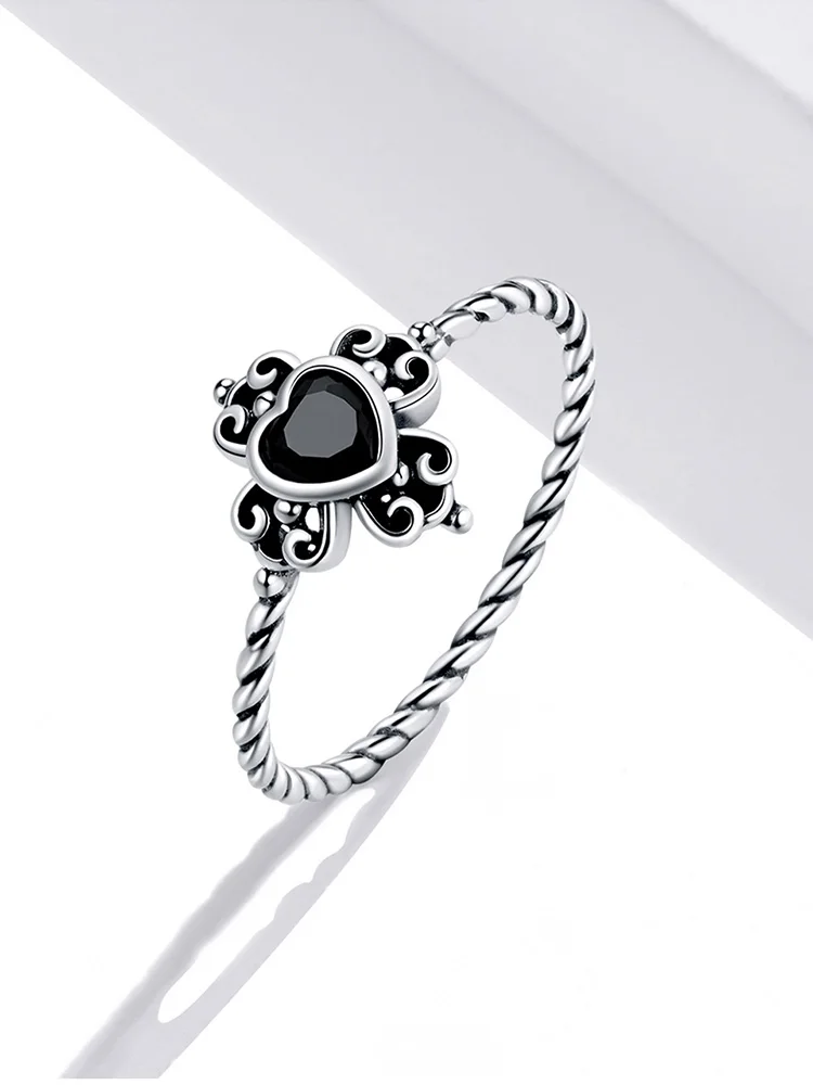 BAMOER Stackable Lucky Blue Eye Ring 925 Sterling Silver Vintage Black Heart-Shaped Zircon Finger Ring Fine Jewelry Party Gift cartier ring