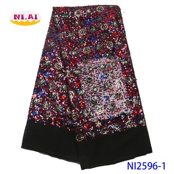 

NIAI African Lace Fabric Embroidered Nigerian Sequins Lace Fabrics 2019 High Quality French Tulle Lace Fabric For Women NI2596-1