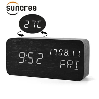 

Suncree Wooden Alarm Clock Date+Week+Time+Temperature Sound Control Electronic Digital Table Desktop Clocks