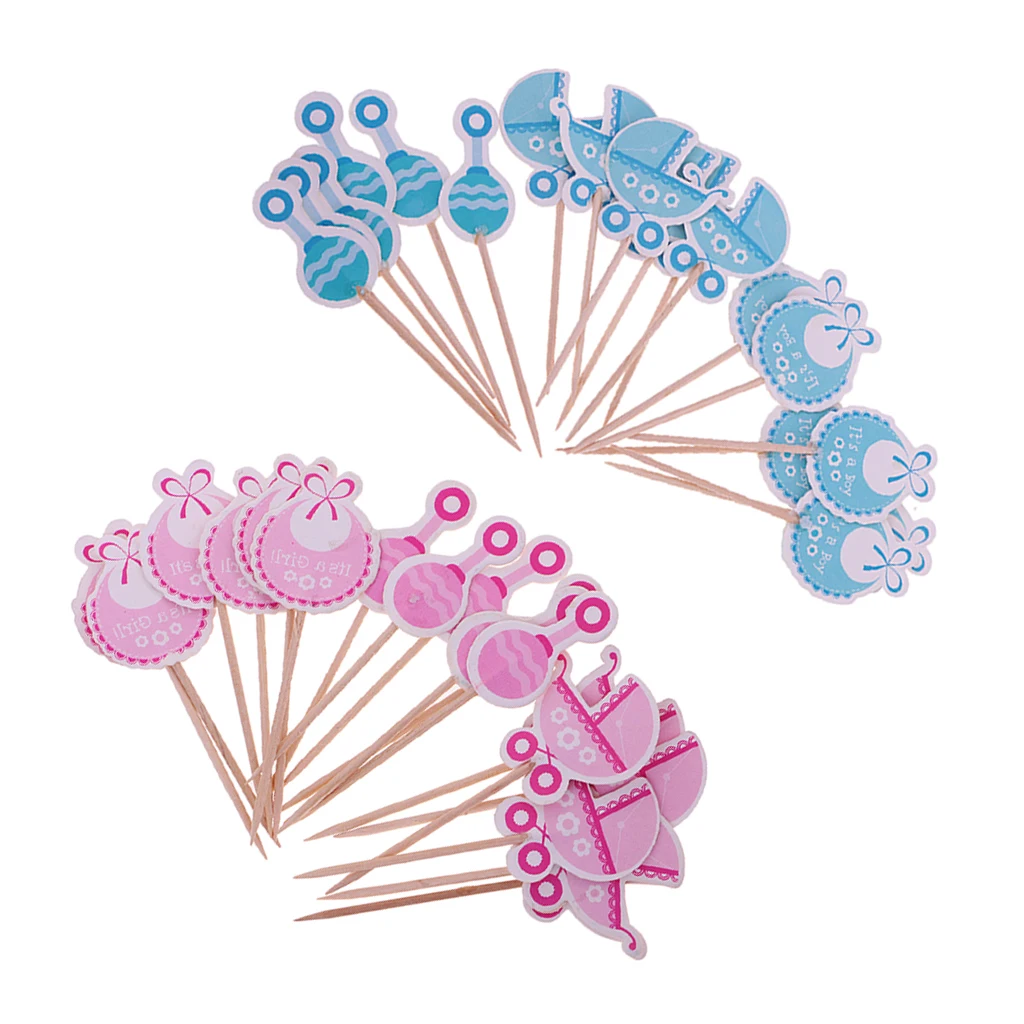 36 Pieces Sweet It's a Girl Boy Baby Announcement Cake Toppers Christening Party Supplies Cupcake Picks Pink Blue
