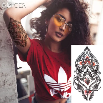 

Sexy Indian Totem Hot Black White Large Flower tattoo Henna Temporary Tattoo Black Mehndi Style Waterproof Tattoo Sticker