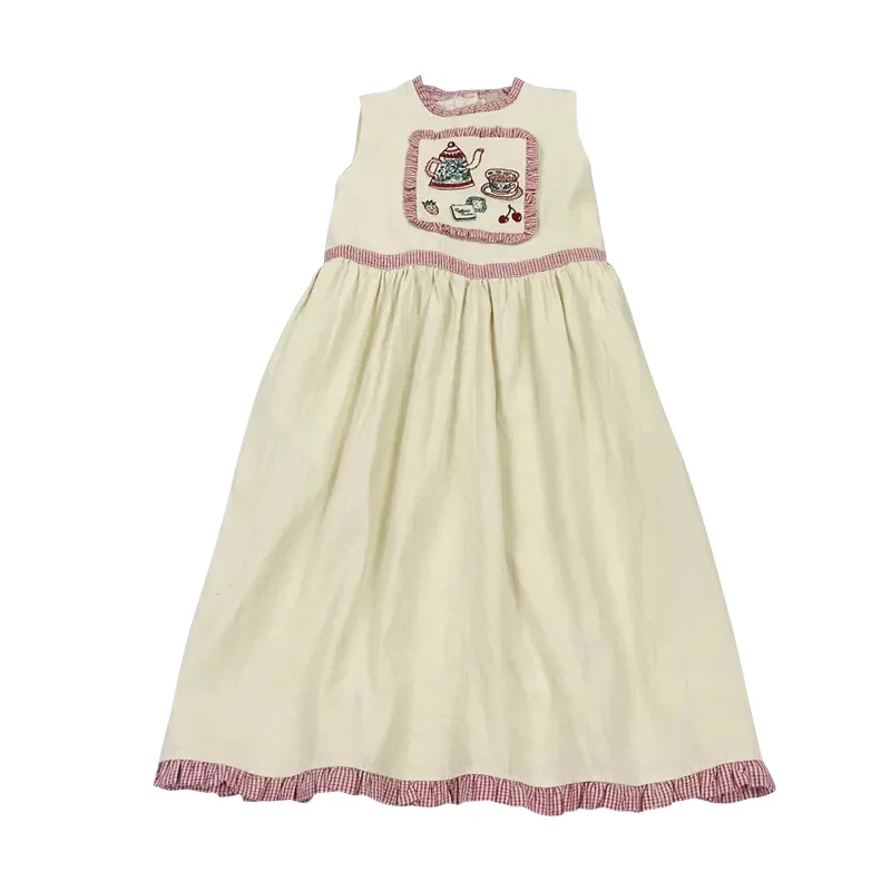 Only Sundress Японский милый пасторальный чайник и клубничный торт Графический вышивка плед сарафан без рукавов платье принцессы с рюшами платье Долли - Color: Only Sundress