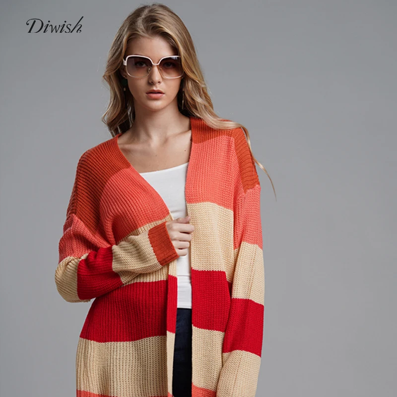 

Diwish Autumn Sweaters Women Tops Cardigans Sweaters Loose Striped Long Sleeve O-Neck Office Elegant Lady Sweater Fashion 2019