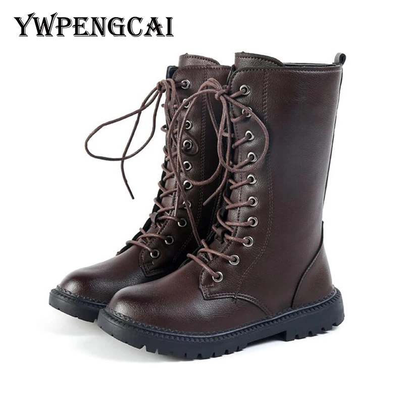 

YWPENGCAI Autumn Winter Girls Boots Side Zipper Lace-up Leather Motorcycle Boots Warm Thick Lining High Boots Size 26-36