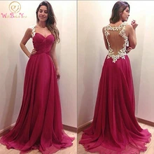 

SWEETHEART PLEATED CHIFFON OPEN BACK PROM DRESSES LONG APPLIQUE FUCHSIA EVENING GOWN SWEEP TRAIN VESTIDOS DE FIESTA LARGOS
