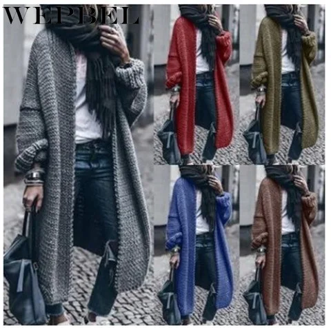 

WEPBEL Women's Casual Loose Long Sleeve Long Type Sweater Autumn and Winter Fashion Solid Color Knitted Cardigan Sweater