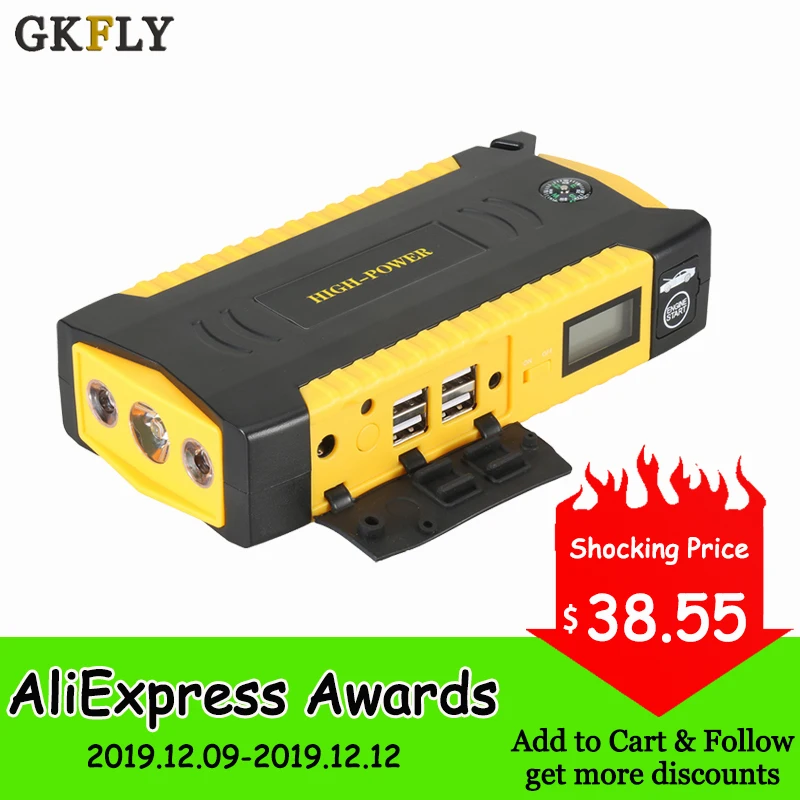 Tanie GKFLY wysokiej mocy urządzenie do uruchamiania awaryjnego samochodu 600A 12V urządzenie zapłonowe Power Bank benzyna Diesel wzmacniacz do akumulatora samochodowego ładowarka rozrusznik samochodu LED